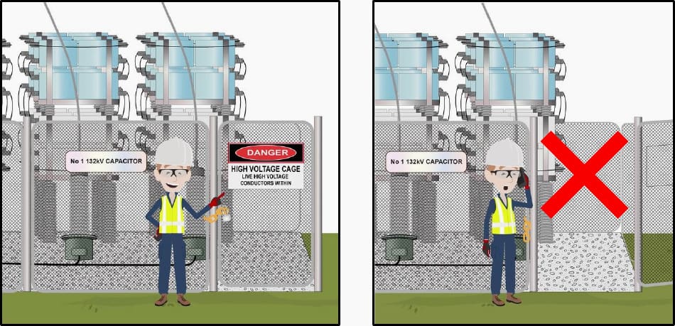 Some HV apparatus is cordoned off in a “High Voltage Cage”, which is a fully fenced or walled area with a special lock, containing HV exposed conductors which do not maintain standard safety clearances.