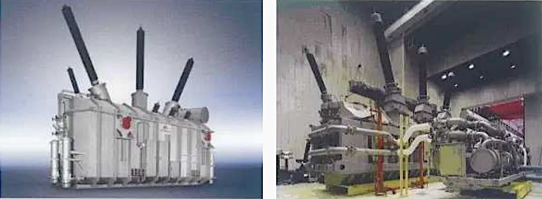 Left: 350 MVA ODWF transformer with oil-to-water heat exchangers on the tank - supplied as 4 cooling modules plus one standby; Right: 1100 MVA ODWF transformer with oil-to-water heat exchangers separated from the tank - also 4 cooling modules plus one standby