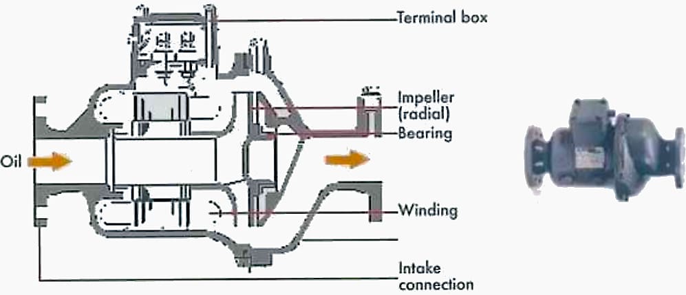 Typical views of an axial pump with radial impeller